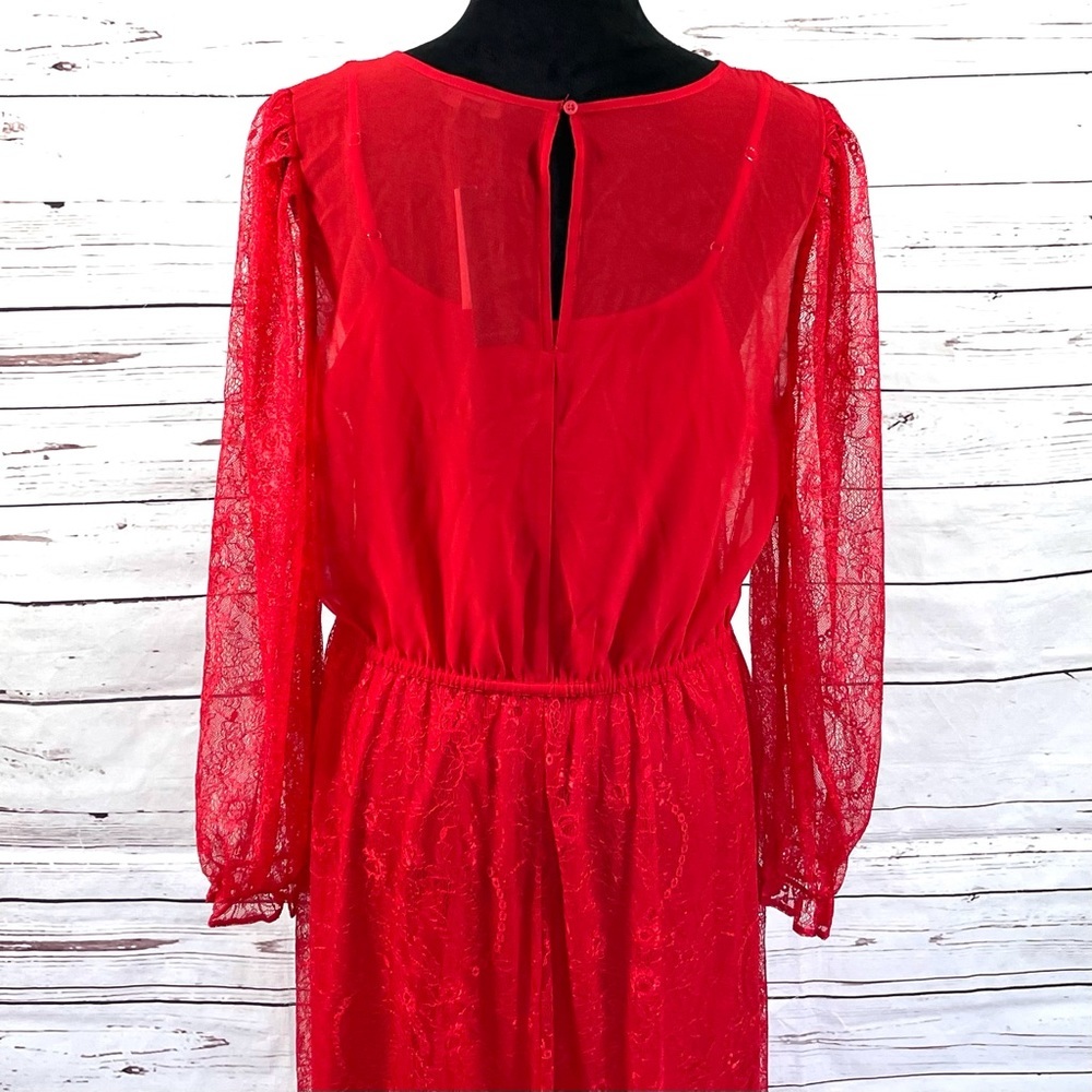 Banana Republic Women's Lace Dress Long Sleeve  Midi Semi Sheer Red Size M - Picture 6 of 10